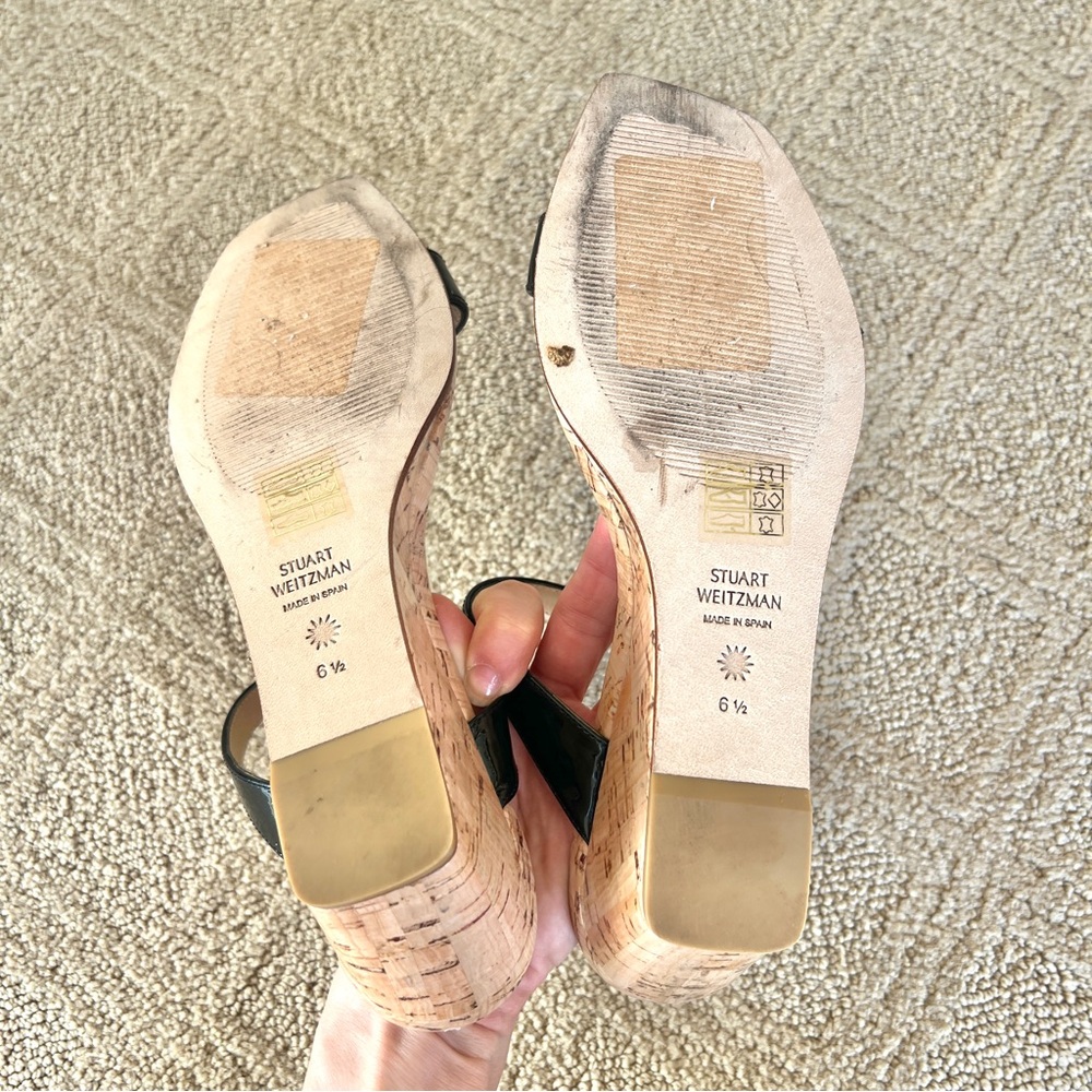 Stuart Weitzman Black Patent Cork Wedge Sandals - Picture 8 of 8
